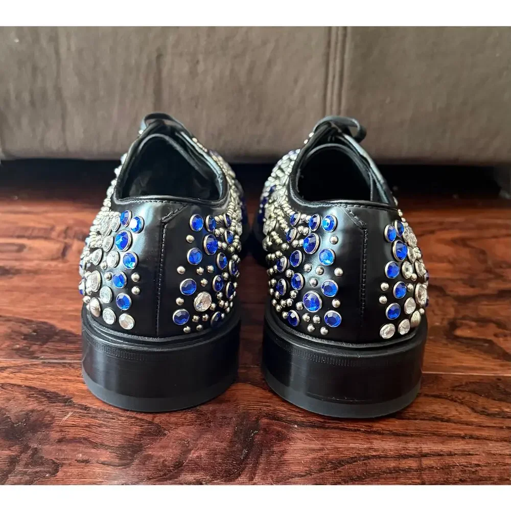 $2,750 NIB Prada Crystal Studded Spazzolato Leather Derby Shoes Black Blue US 10